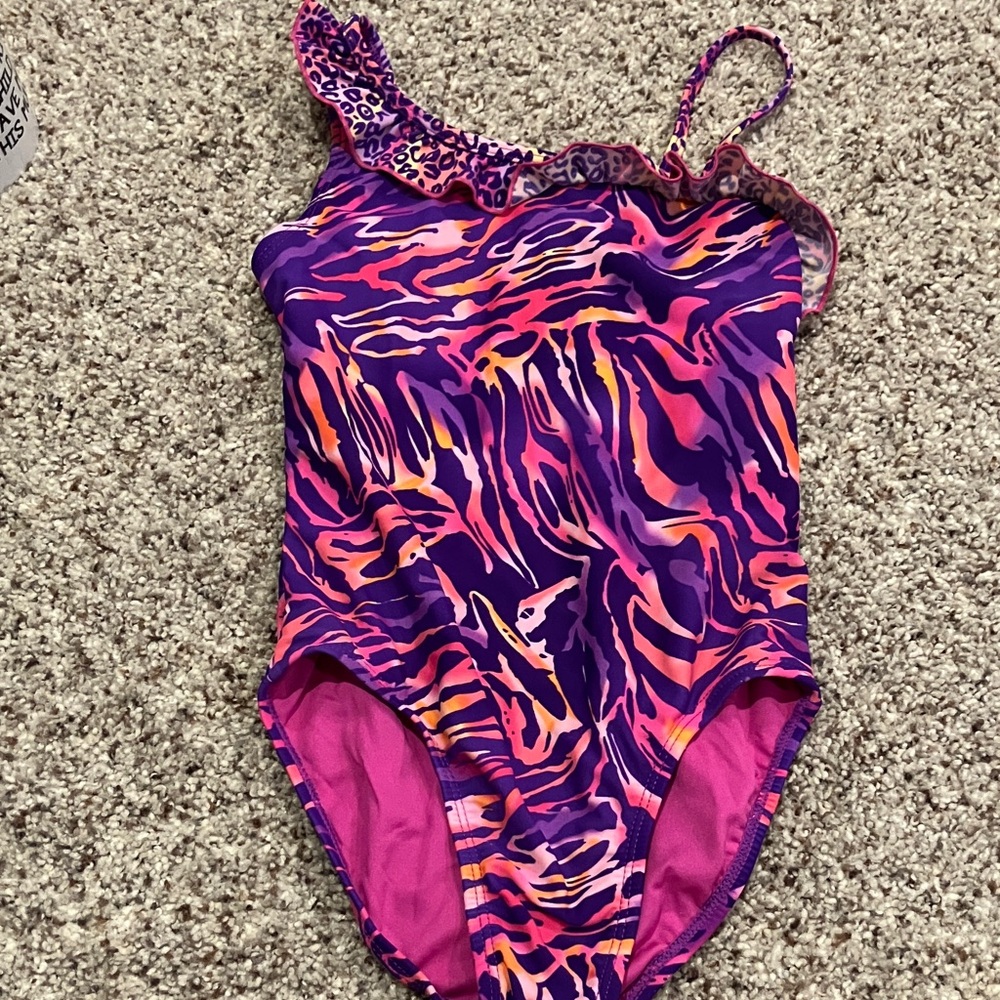 Breaking Waves Vibrant Pink and Purple Kids One Piece Swimwear Size 7